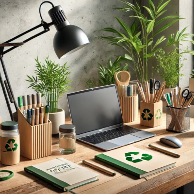 Eco-friendly office stationery including recycled notebooks and refillable pens for Kerala businesses
