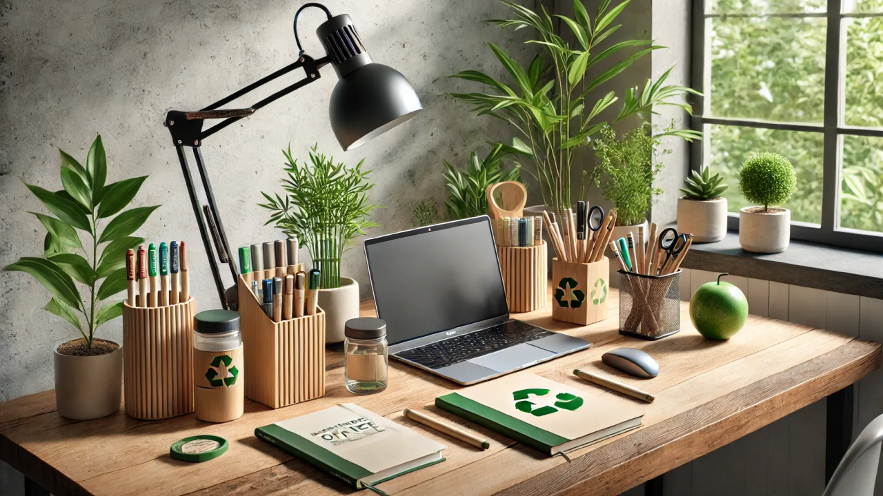 Eco-friendly office stationery including recycled notebooks and refillable pens for Kerala businesses